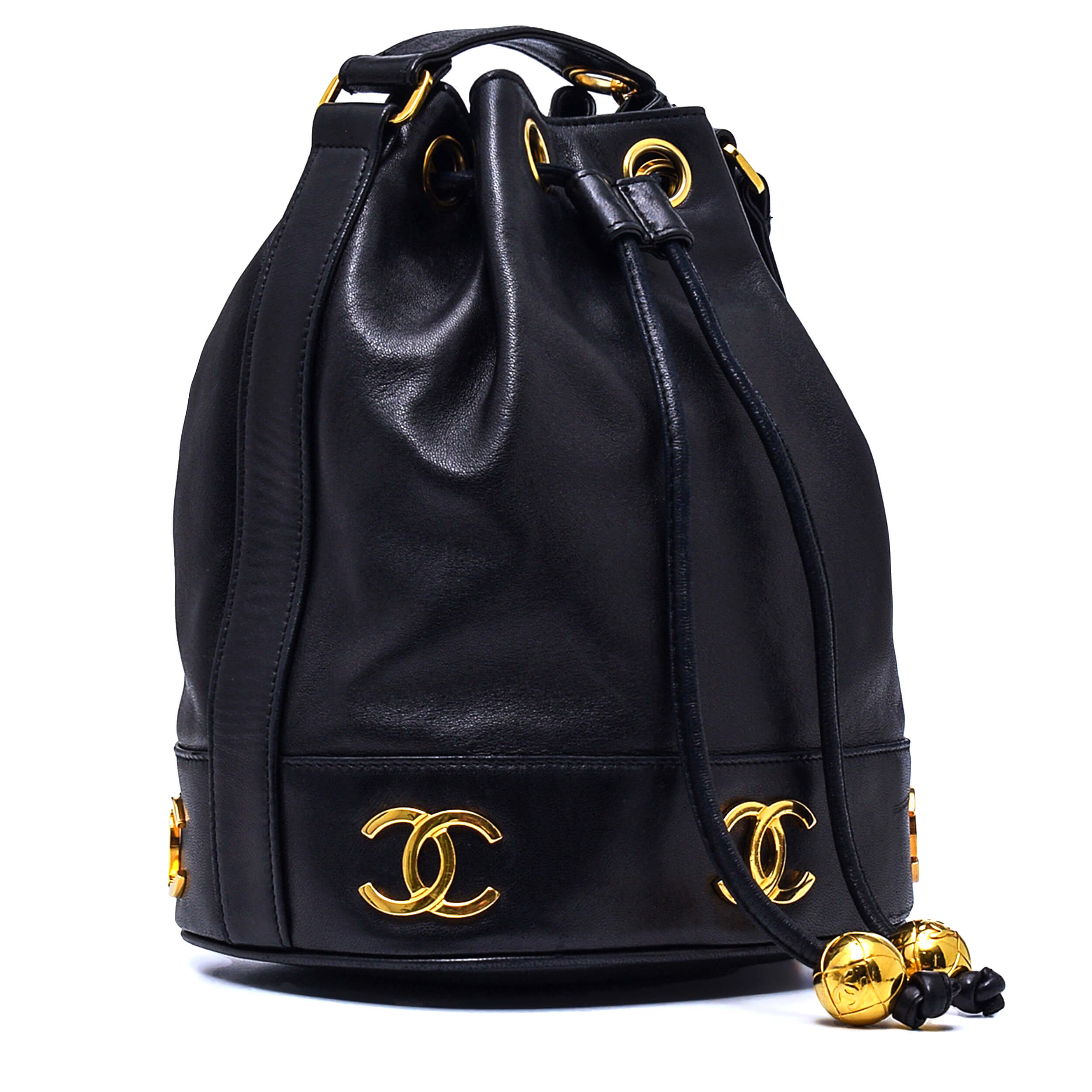 Chanel - Black Lambskin Leather Triple Vintage CC Bucket Bag